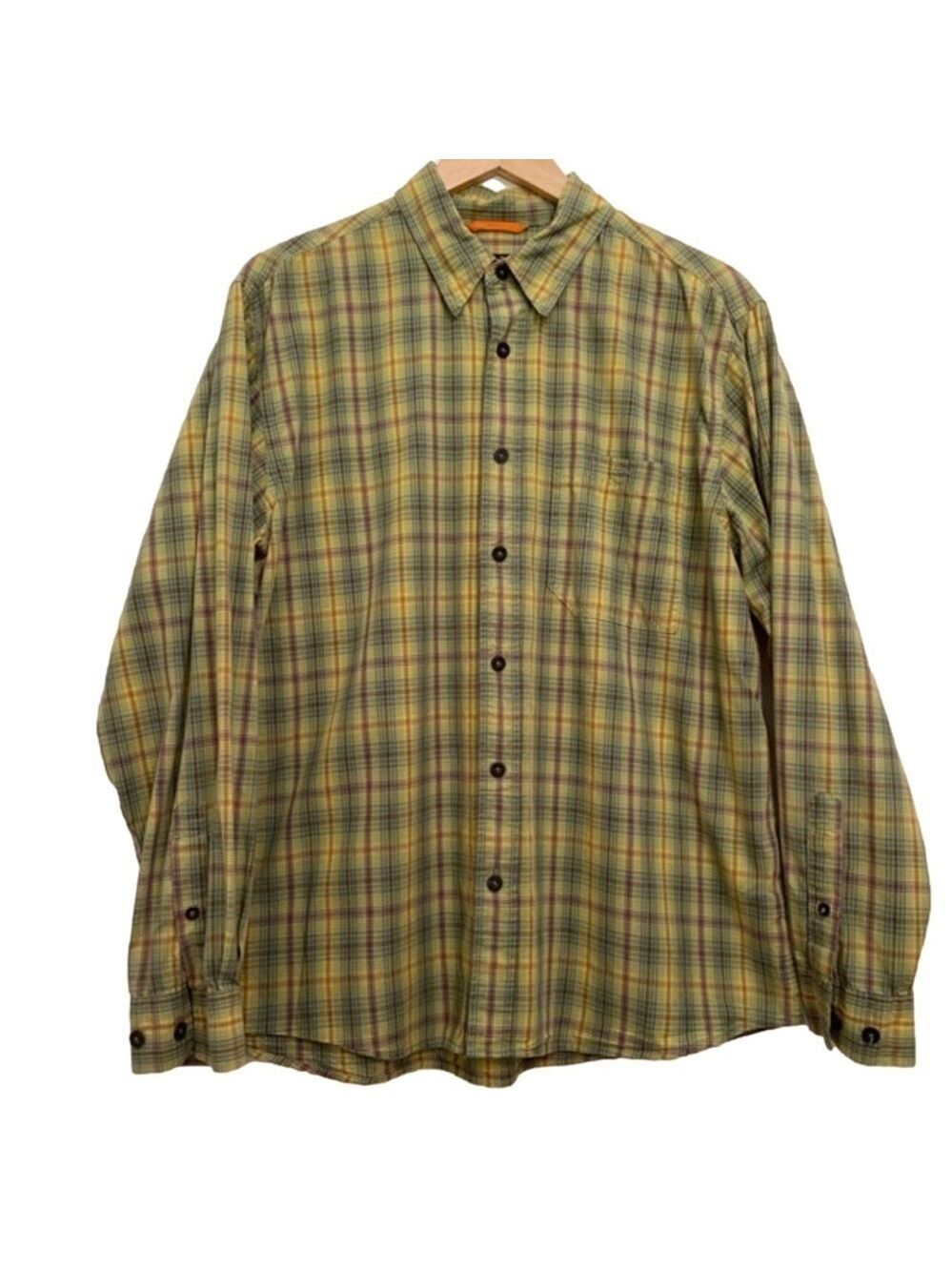 ROYAL Robbins button down shirt plaid 100% cotton yellow blue long sleeve Large